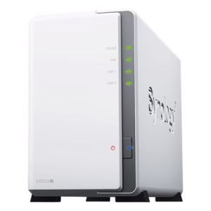 NAS DiskStation DS223j | 2 Bahías | CPU Realtek RTD1619B 1.7 GHz | 1 GB DDR4 | Puerto 1GbE RJ-45 | USB 3.2 Gen 1 | Compatible con HDD y SSD | Synology DSM | RAID 0, 1, JBOD | SMB, AFP, NFS, FTP | Vigilancia IP
